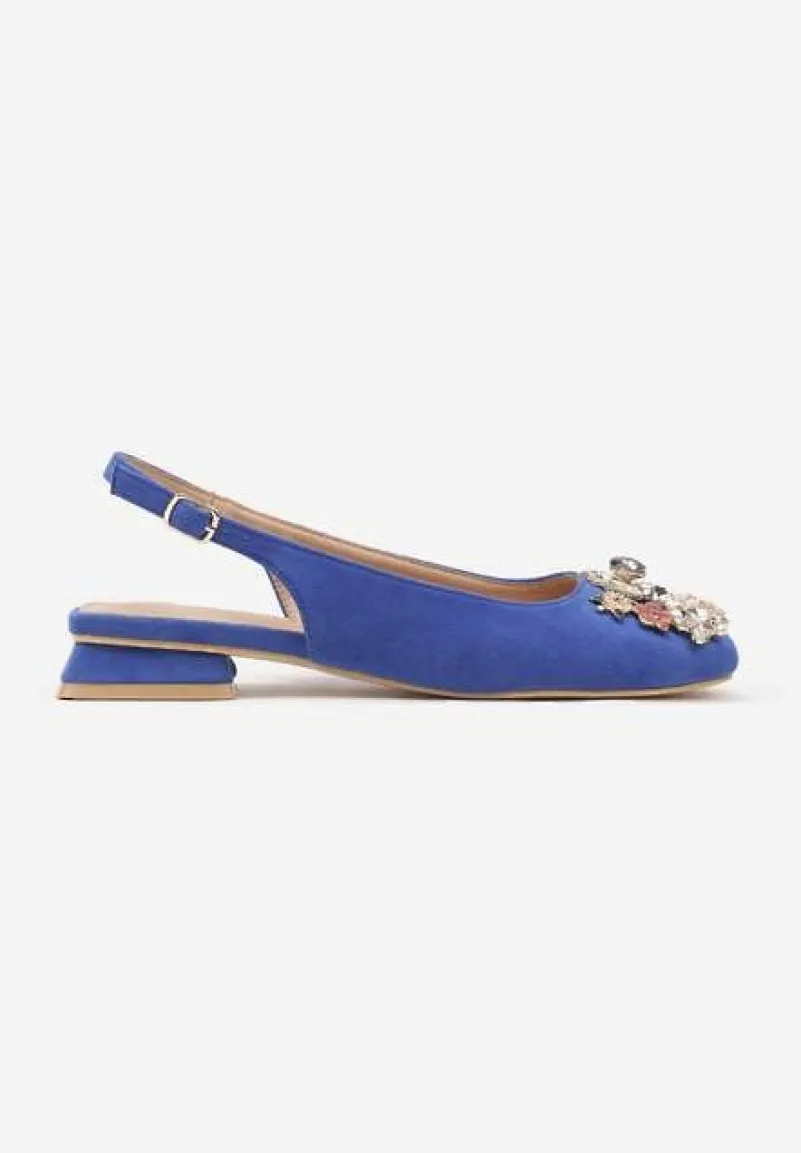 Niebieskie Czółenka Slingback Vices z Cyrkoniami i Wkładką ze Skóry Eklina