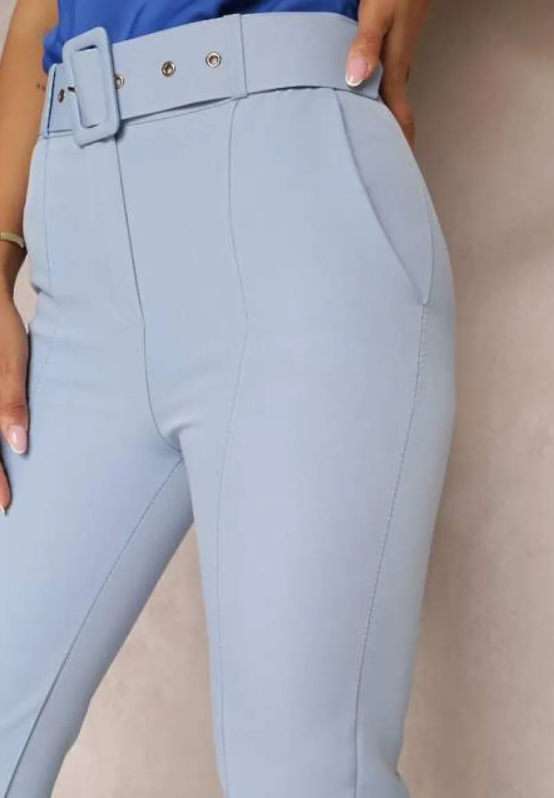 Niebieskie Dopasowane Spodnie Garniturowe High Waist z Paskiem w Talii Ozdobionym Klamrą Binah