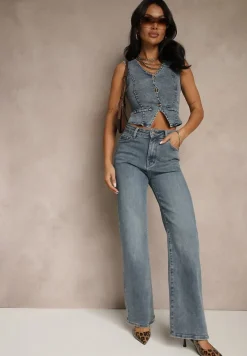 Niebieskie Jeansy High Waist z Szeroką Nogawką Uliswena