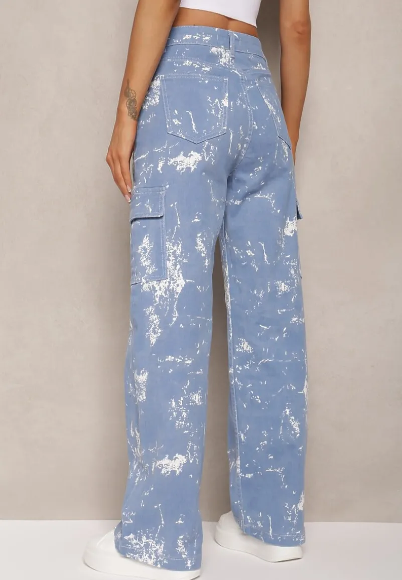 Niebieskie Jeansy High Waist z Designerskim Wzorem z Szerokimi Nogawkami Joltta