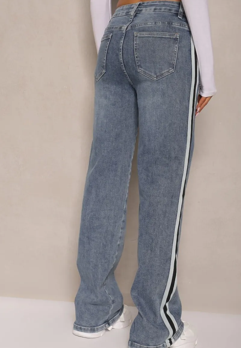 Niebieskie Jeansy High Waist o Szerokim Kroju Zdobione Lampasami Sesandria