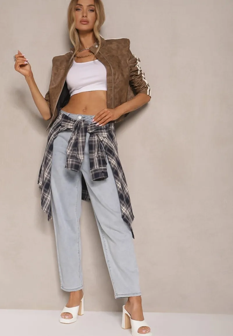 Niebieskie Jeansy Mom Fit High Waist Zdobione Haftem w Kształcie Serca Valliora