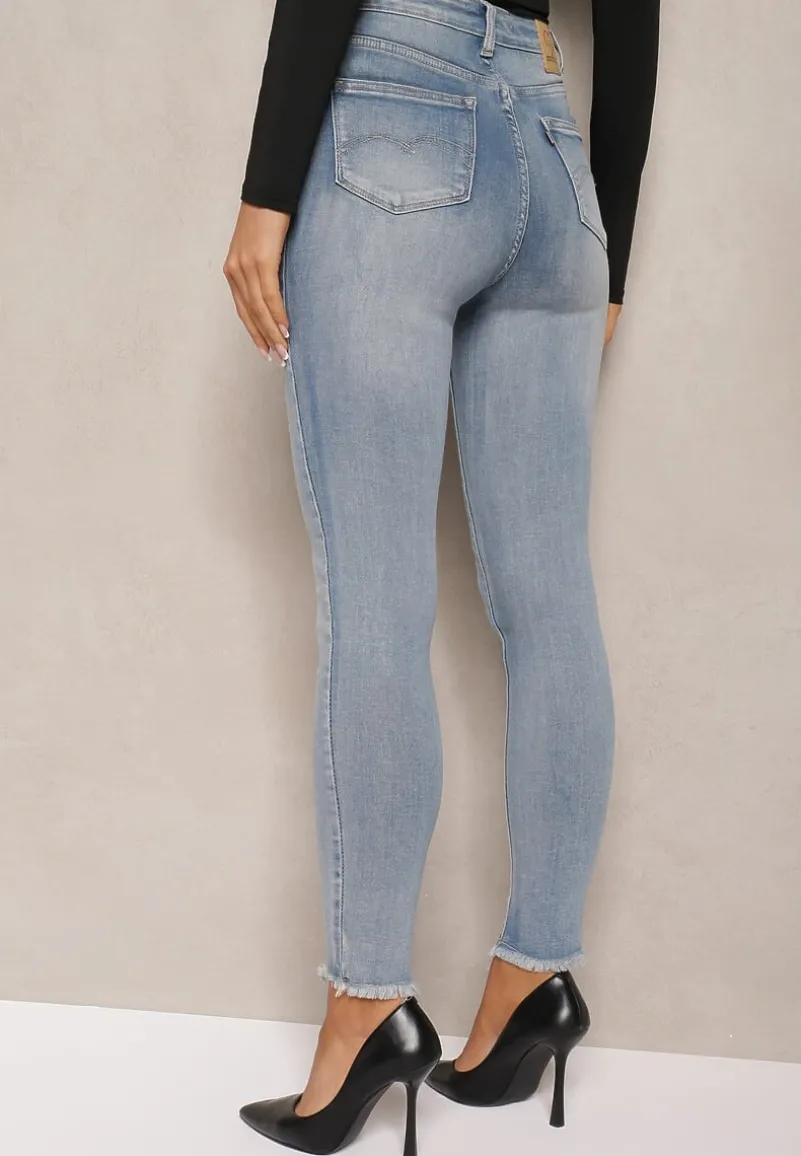 Niebieskie Jeansy o Fasonie Skinny z Postrzępionymi Nogawkami Quinte