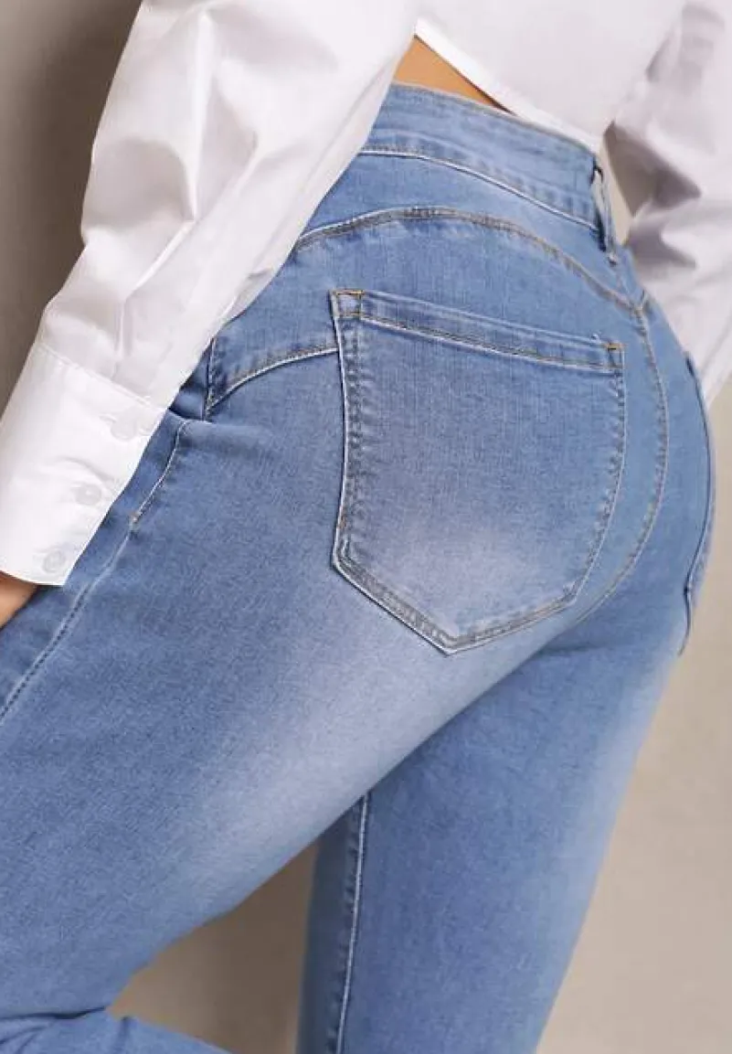 Niebieskie Jeansy o Fasonie Skinny Push Up z Przedarciami Fanfa
