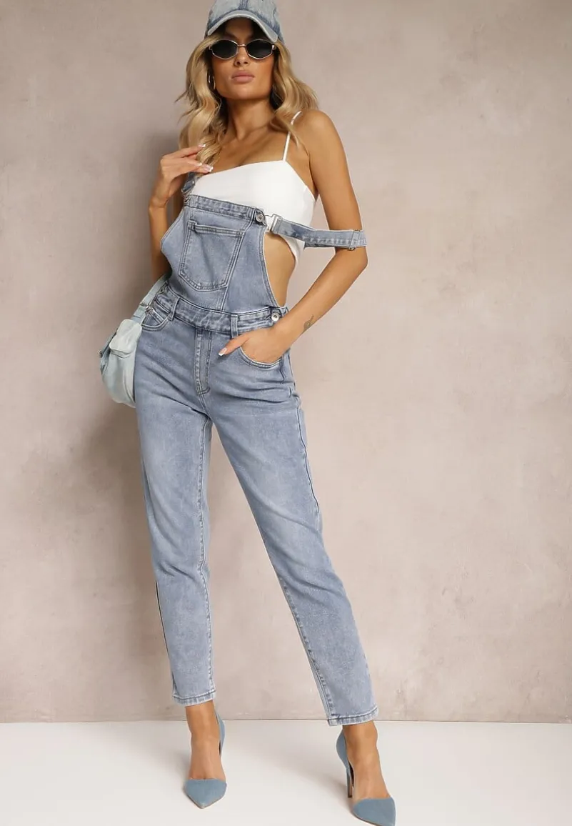 Niebieskie Jeansy Ogrodniczki High Waist z Bawełną Wykończone Guzikami Calliste