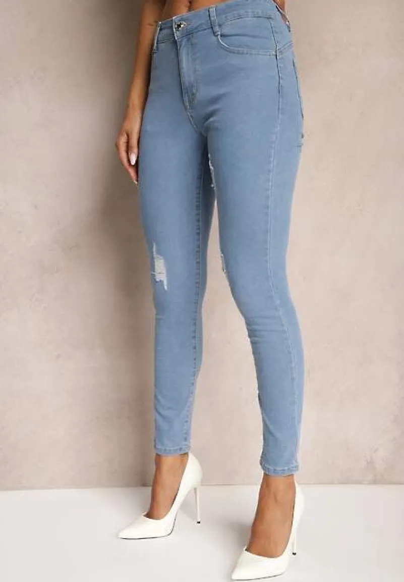 Niebieskie Jeansy Skinny Wykończone Przetarciami i Dziurami Evilenn