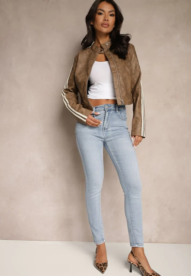 Niebieskie Jeansy Slim High Waist z Haftem na Tylnej Kieszeni Adinaria