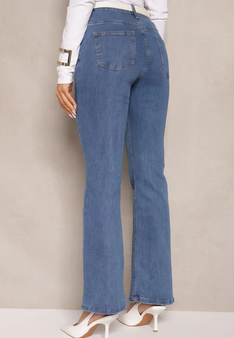 Niebieskie Jeansy z Bawełną High Waist o Fasonie Dzwonów Celinsse