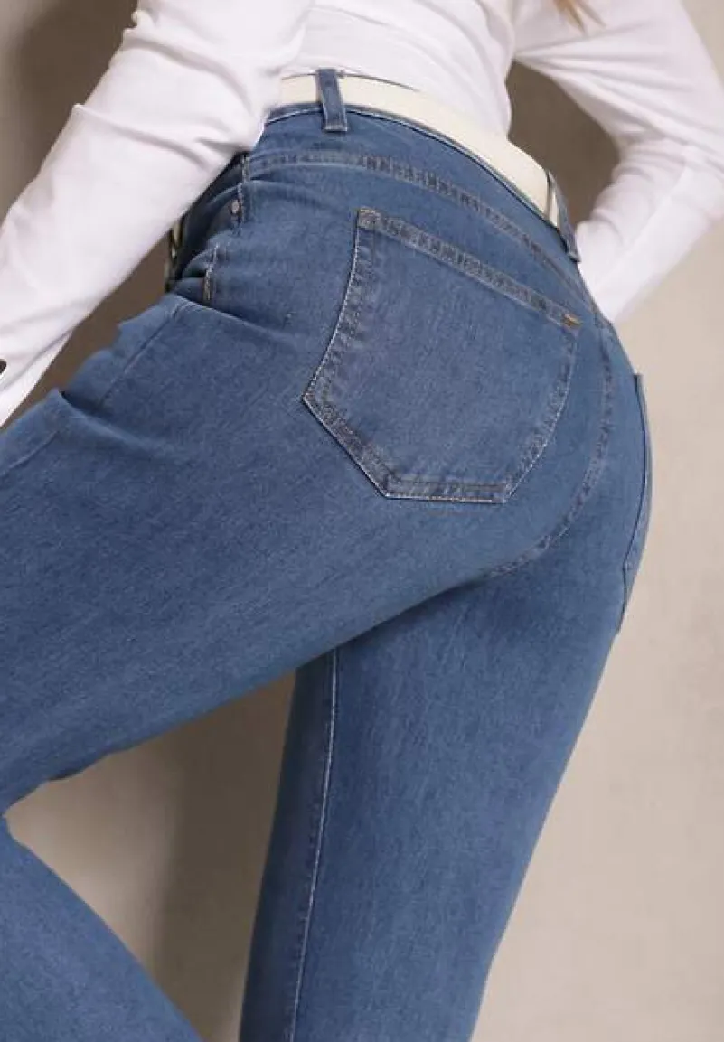 Niebieskie Jeansy z Bawełną High Waist o Fasonie Dzwonów Celinsse
