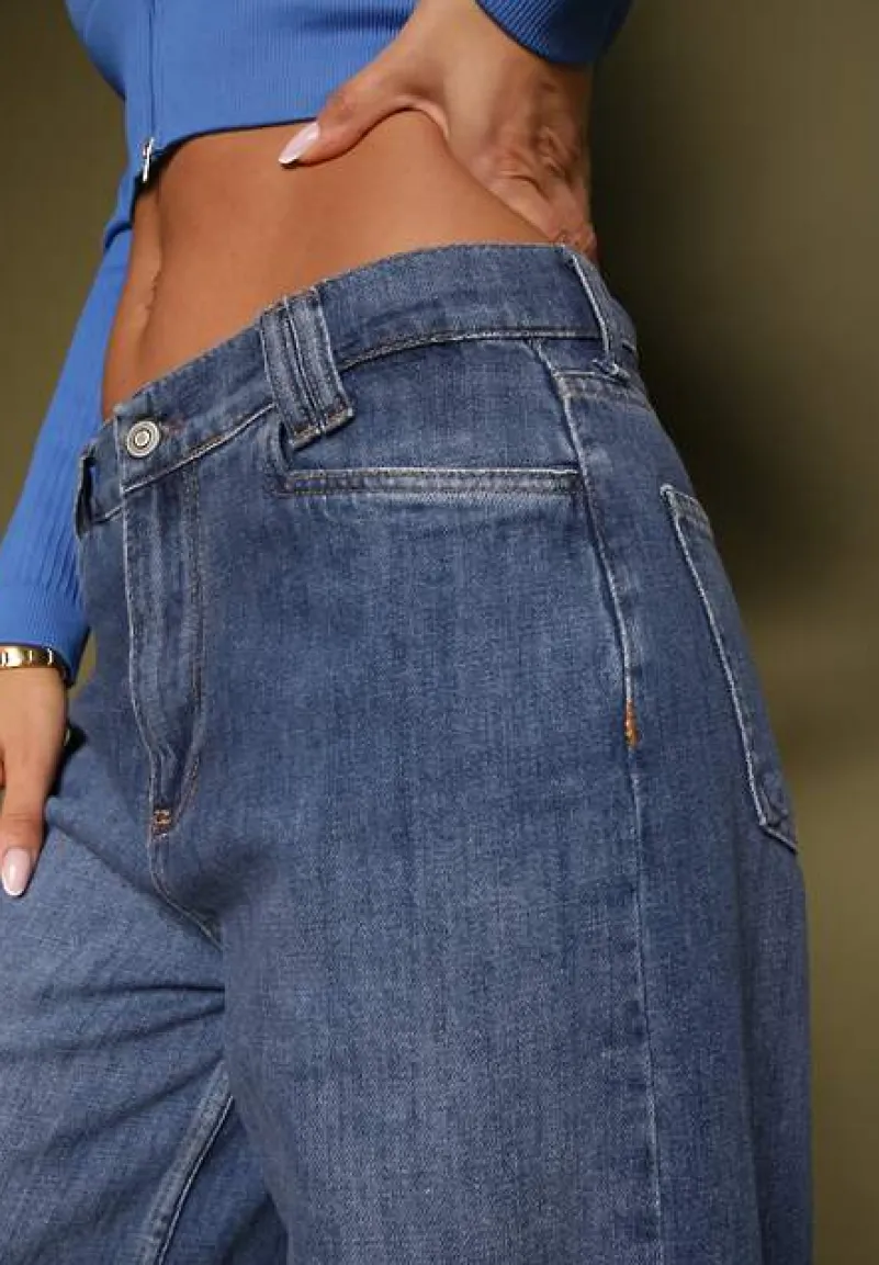 Niebieskie Jeansy z Bawełny o Szerokim Kroju High Waist Reanielis