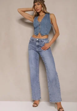 Niebieskie Jeansy z Bawełny o Szerokim Kroju High Waist Mevolisse