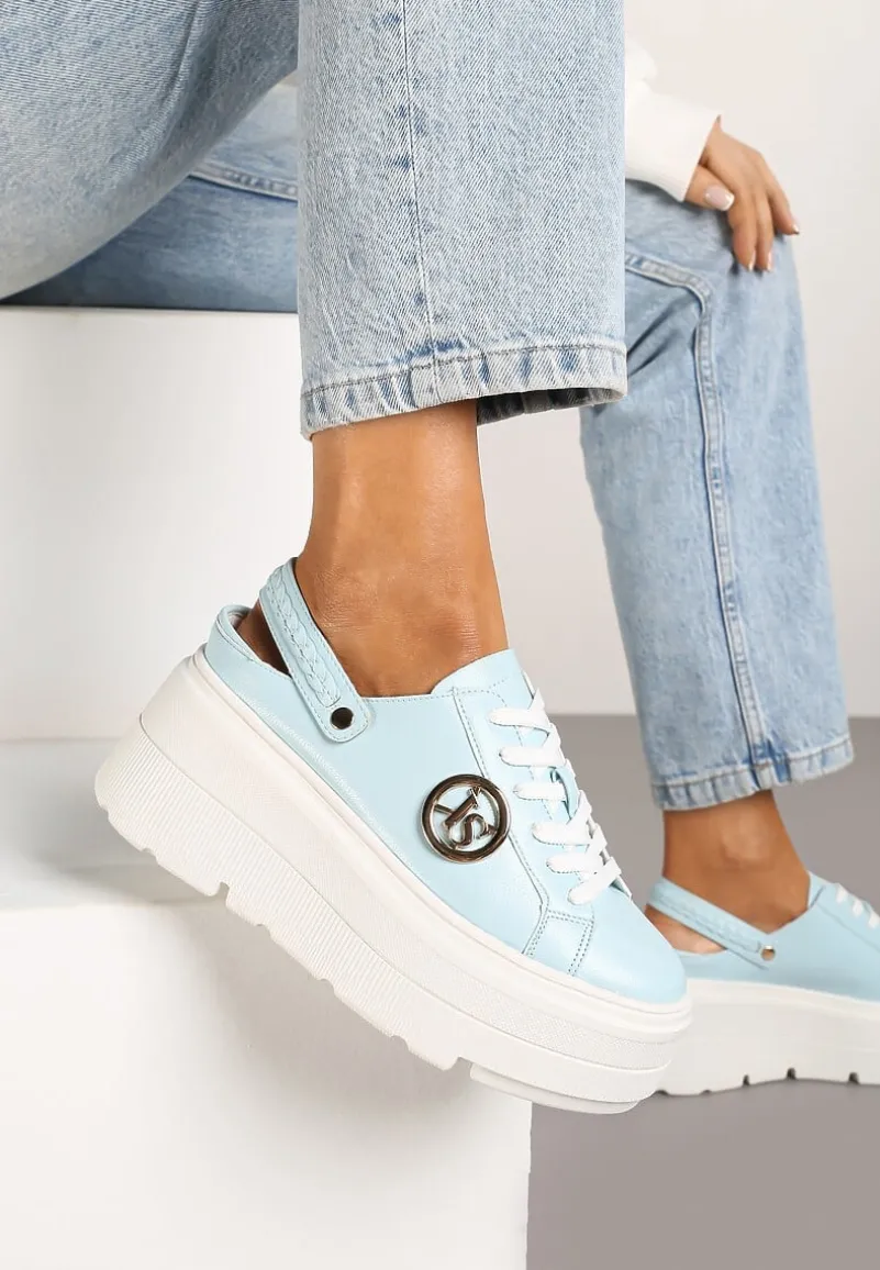 Niebieskie Sneakersy Vices na Platformie z Tłoczeniem Paskiem na Pięcie i Metaliczną Aplikacją Selfedi