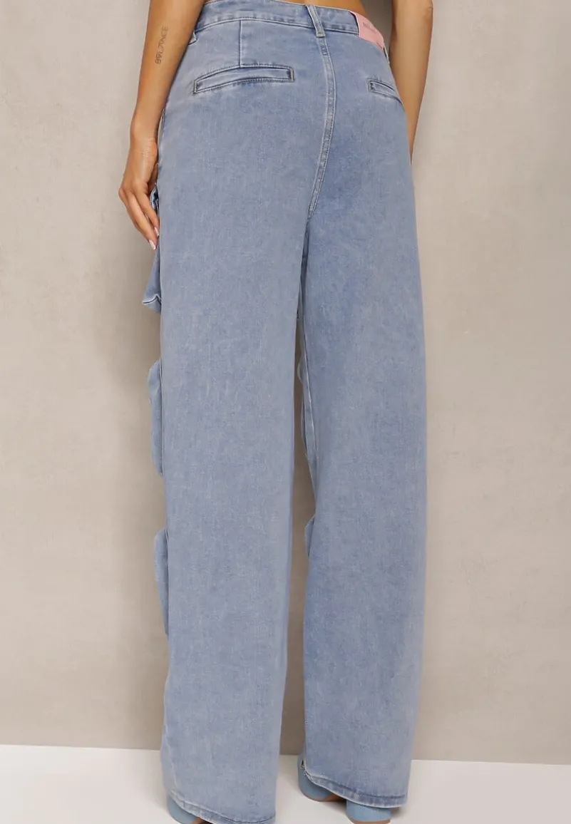 Niebieskie Spodnie High Waist z Prostymi Nogawkami i Ozdobnymi Kieszeniami Quliana