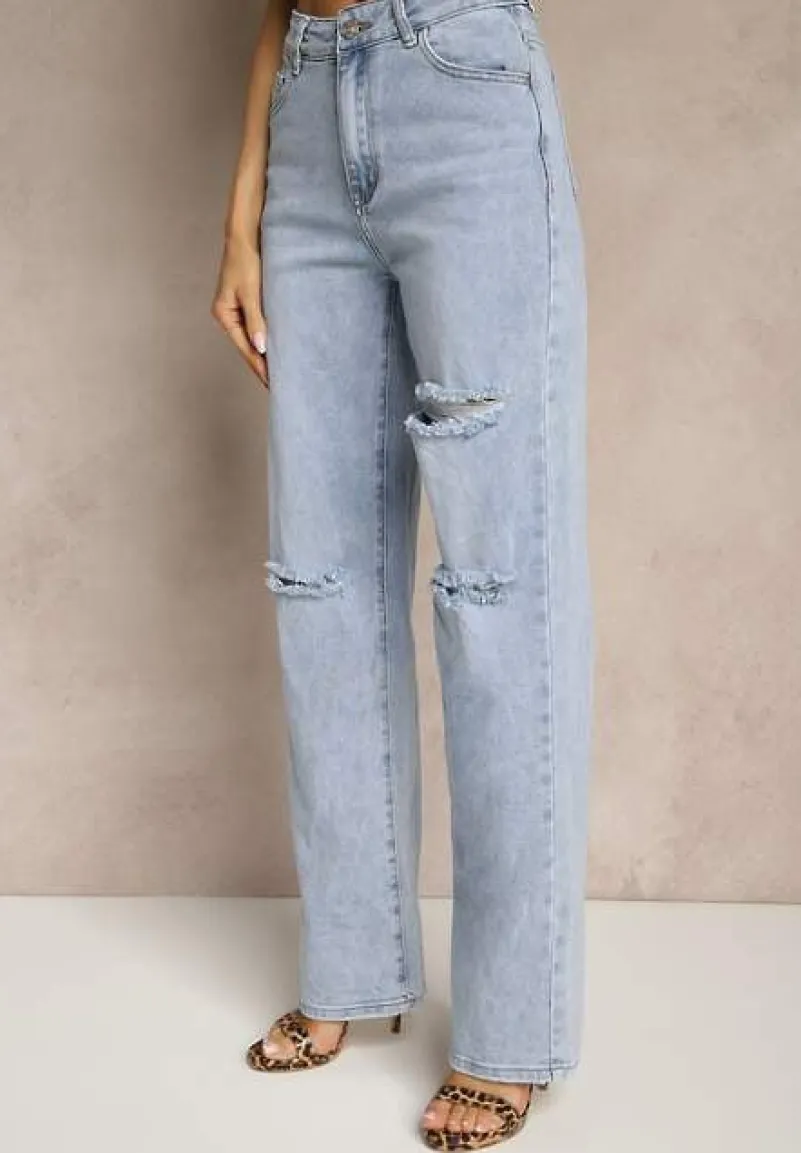 Niebieskie Szerokie Jeansy High Waist z Ozdobnymi Przetarciami Feleldi