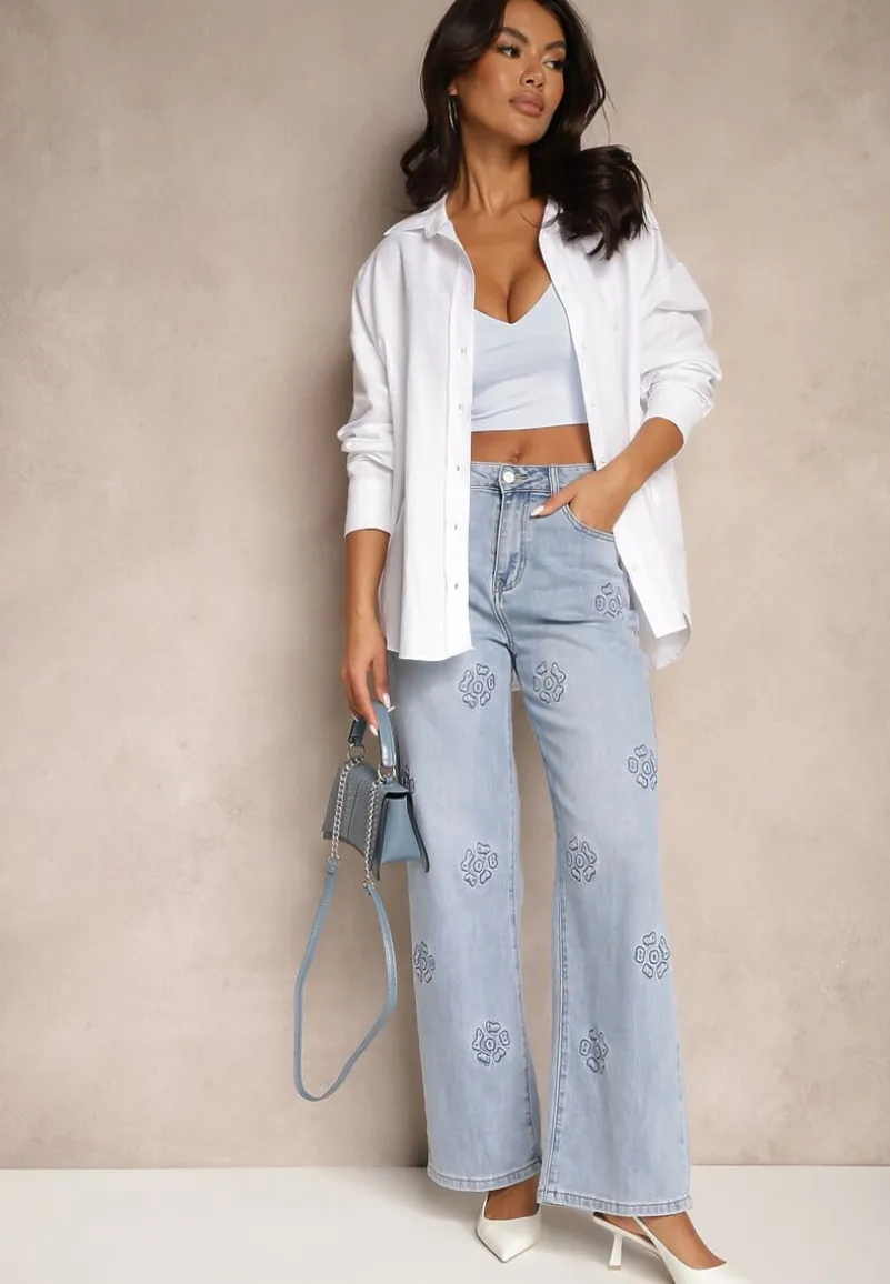 Niebieskie Szerokie Jeansy High Waist Zdobione Wzorem w Kwiaty Firedis
