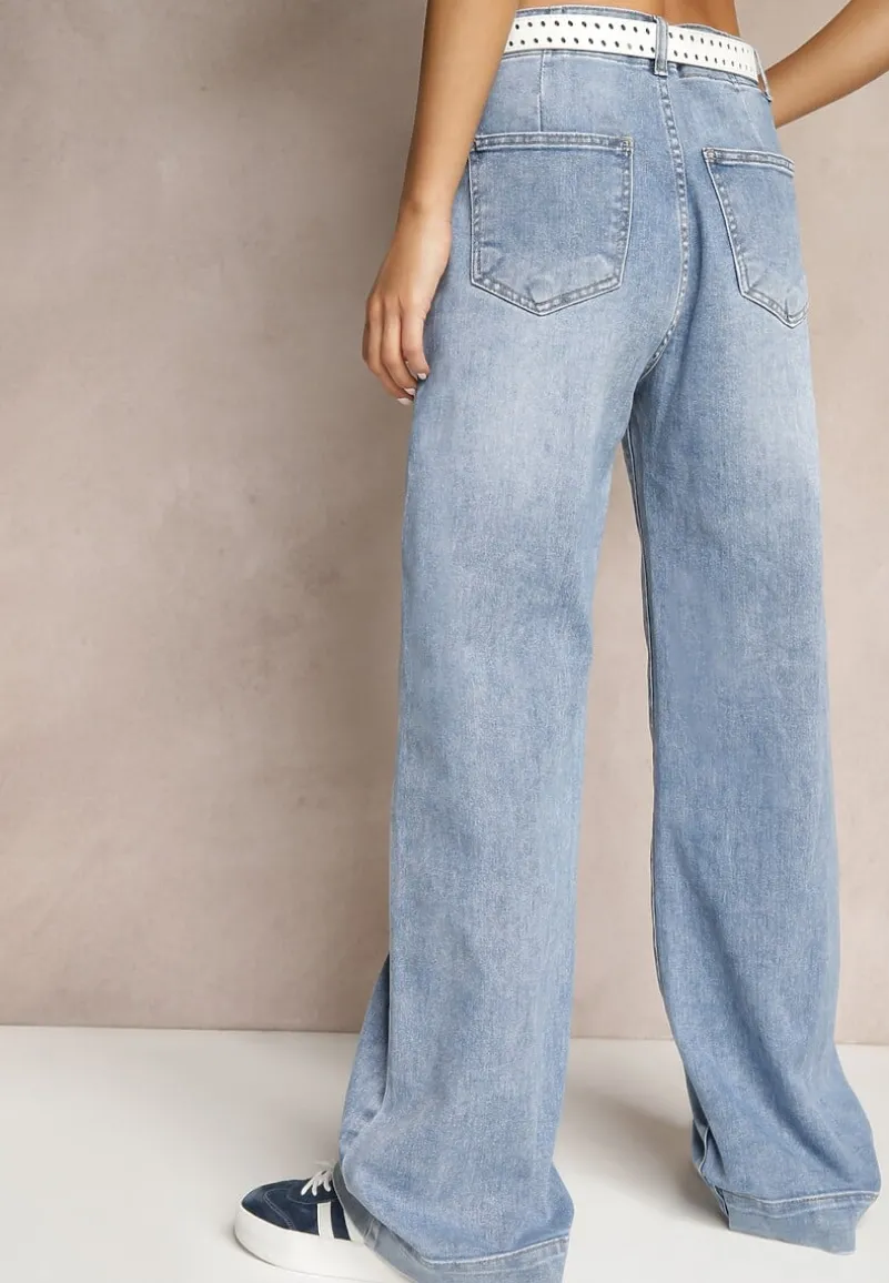 Niebieskie Szerokie Jeansy High Waist z Naszytymi Kieszeniami z Przodu Delaniel