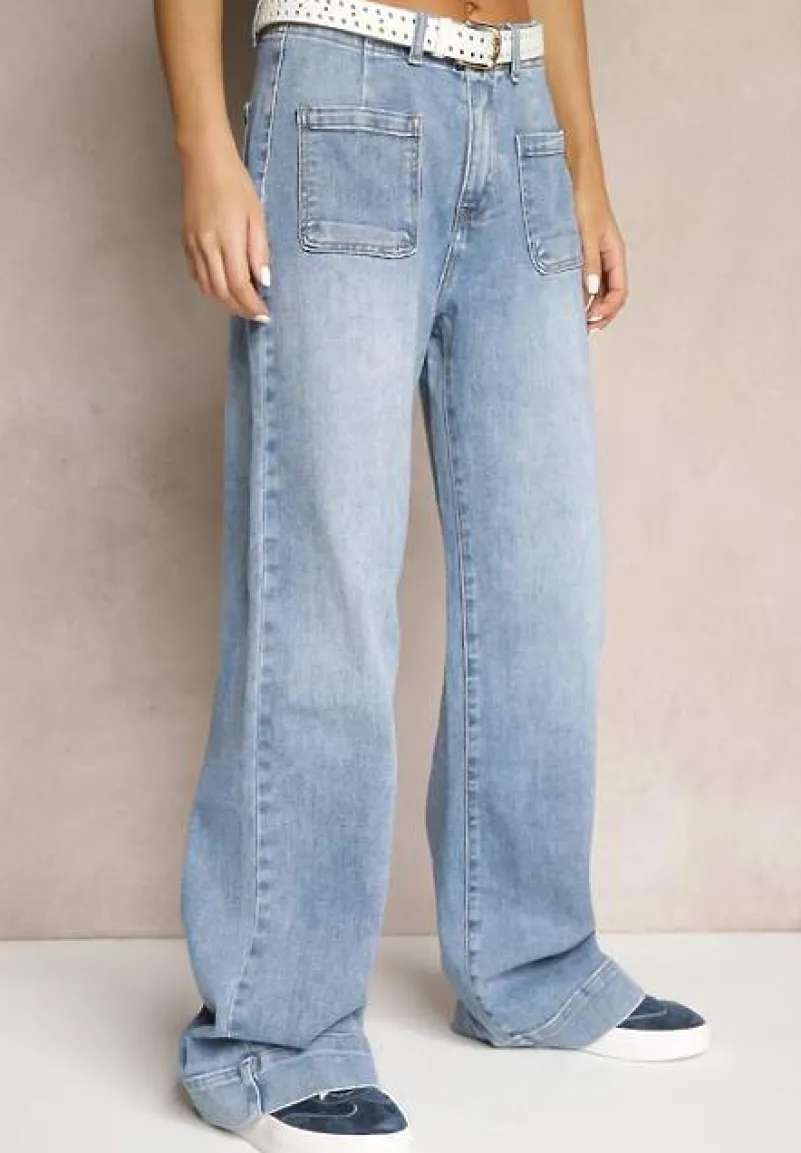 Niebieskie Szerokie Jeansy High Waist z Naszytymi Kieszeniami z Przodu Delaniel
