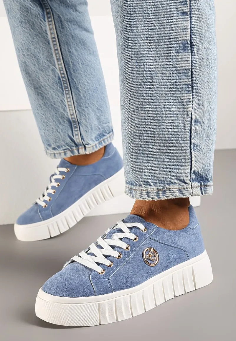 Niebieskie Sznurowane Sneakersy Vices na Platformie z Tłoczeniem i Metaliczną Aplikacją Lavfedi