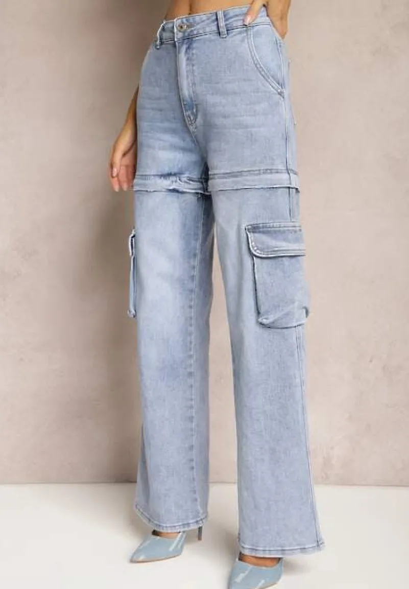 Niebieskie 2w1 Jeansy Szorty z Szerokimi Kieszeniami w Stylu Cargo Alace