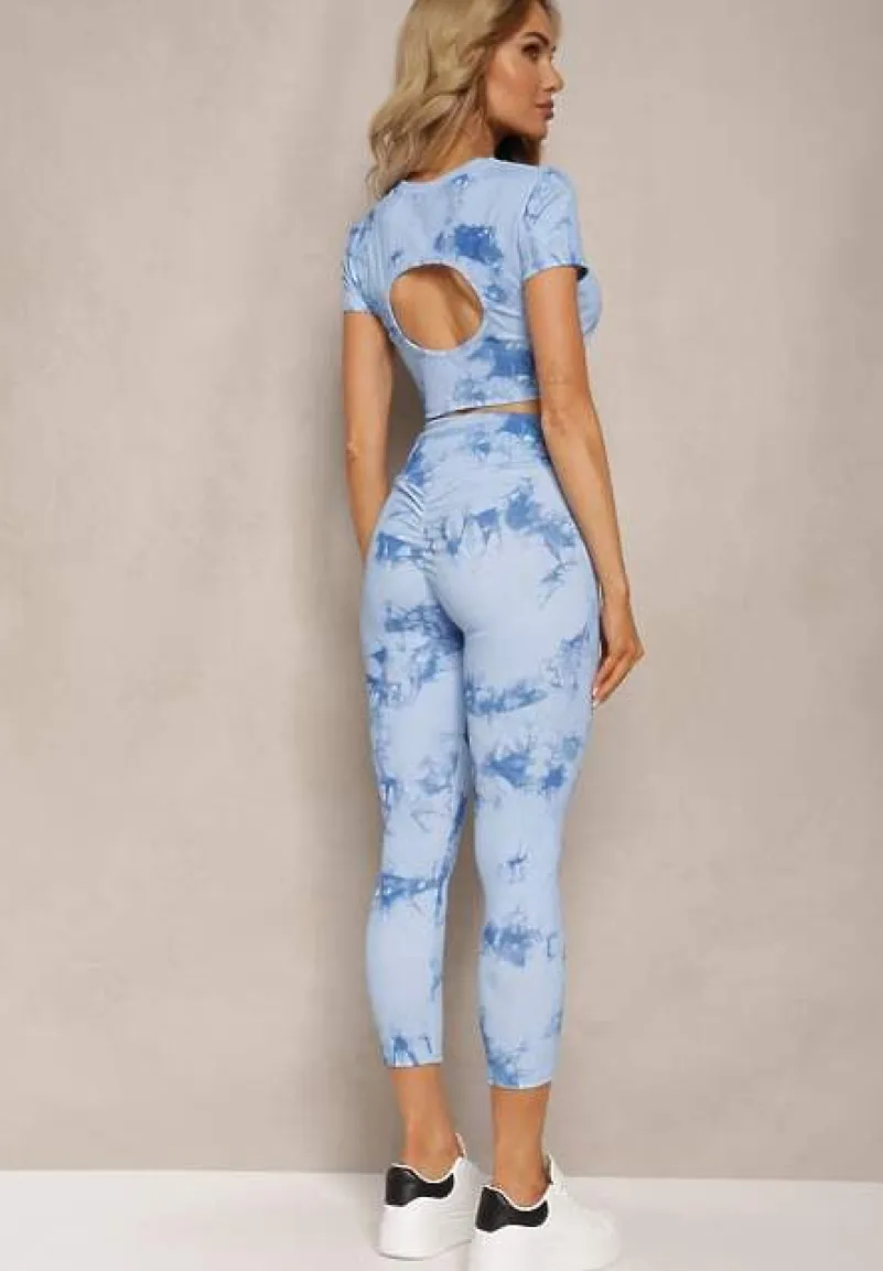 Niebieski Komplet Sportowy z Printem Tie-Dye z Koszulką Cropped i Legginsami Davenia