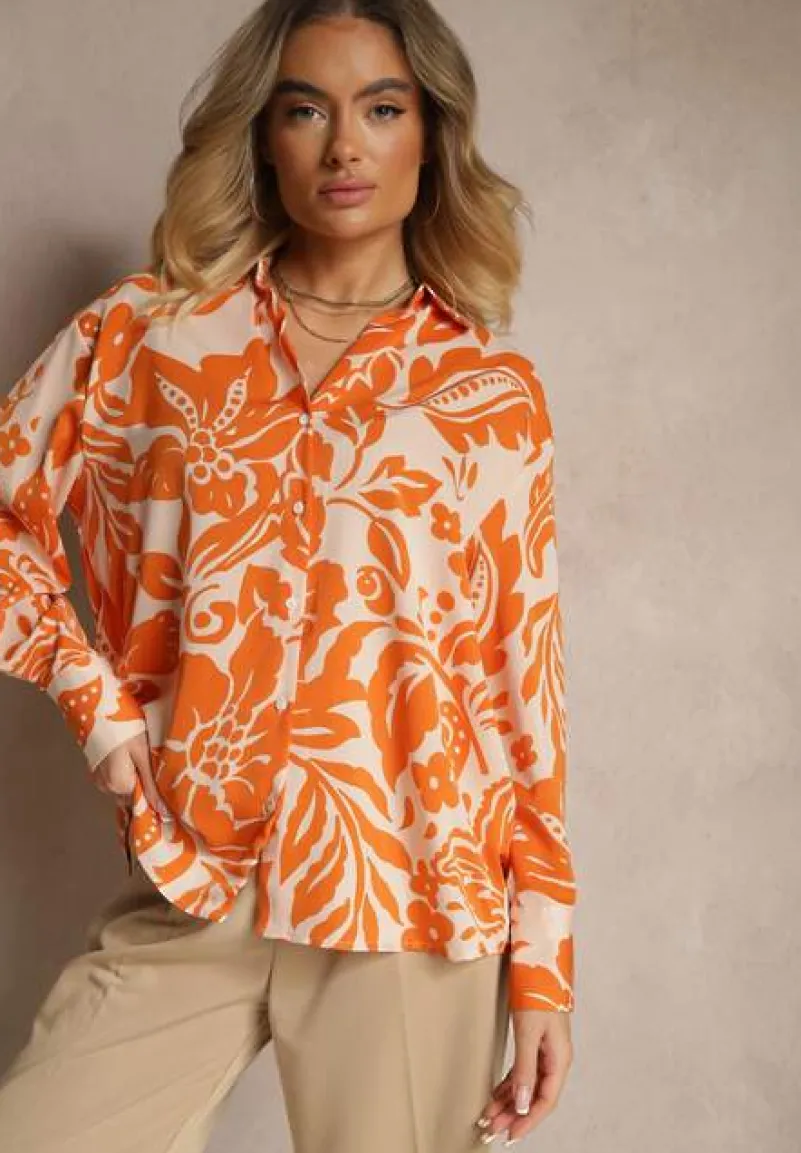 Pomarańczowa Koszula Oversize w Kwiatowy Print Boinea