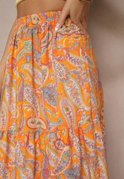 Pomarańczowa Spódnica Rozkloszowana High Waist z Motywem Paisley Nevolissa