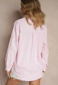 Różowa Koszula Oversize w Prążki Zdobiona Haftem w Serca Nitavela