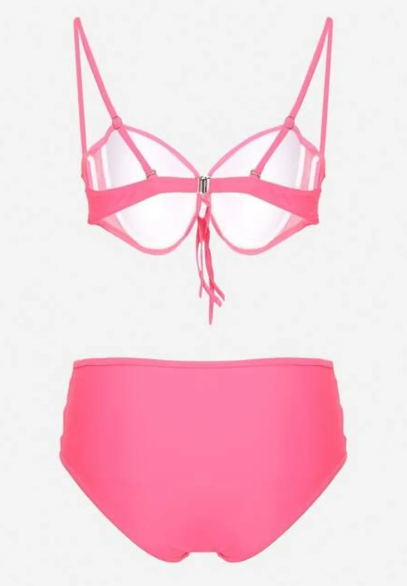 Różowe Bikini Biustonosz i Majtki Figi High Waist z Siateczkowymi Zdobieniami Kinovia