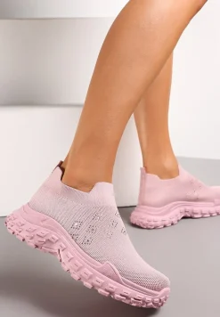 Różowe Buty Sportowe na Grubej Podeszwie z Elastyczną Cholewką z Cyrkoniami Kolby