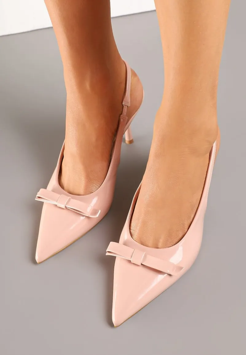Różowe Lakierowane Sandały Szpilki Vices Typu Slingback z Kokardą Dorozia