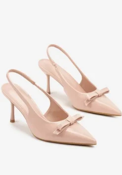 Różowe Lakierowane Sandały Szpilki Vices Typu Slingback z Kokardą Dorozia