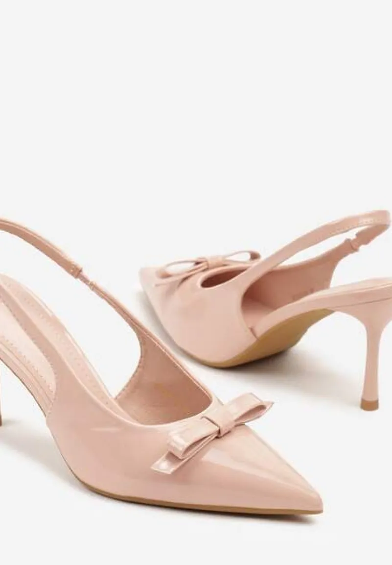 Różowe Lakierowane Sandały Szpilki Vices Typu Slingback z Kokardą Dorozia