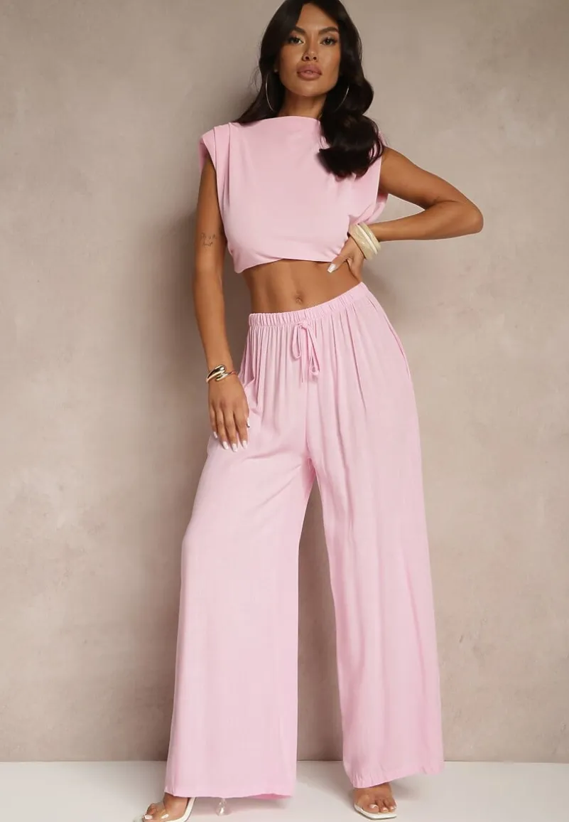 Różowe Szerokie Spodnie High Waist z Gumką w Talii Ilnena