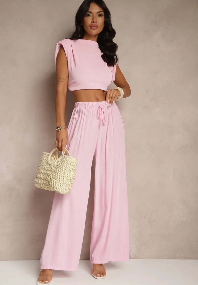 Różowe Szerokie Spodnie High Waist z Gumką w Talii Ilnena