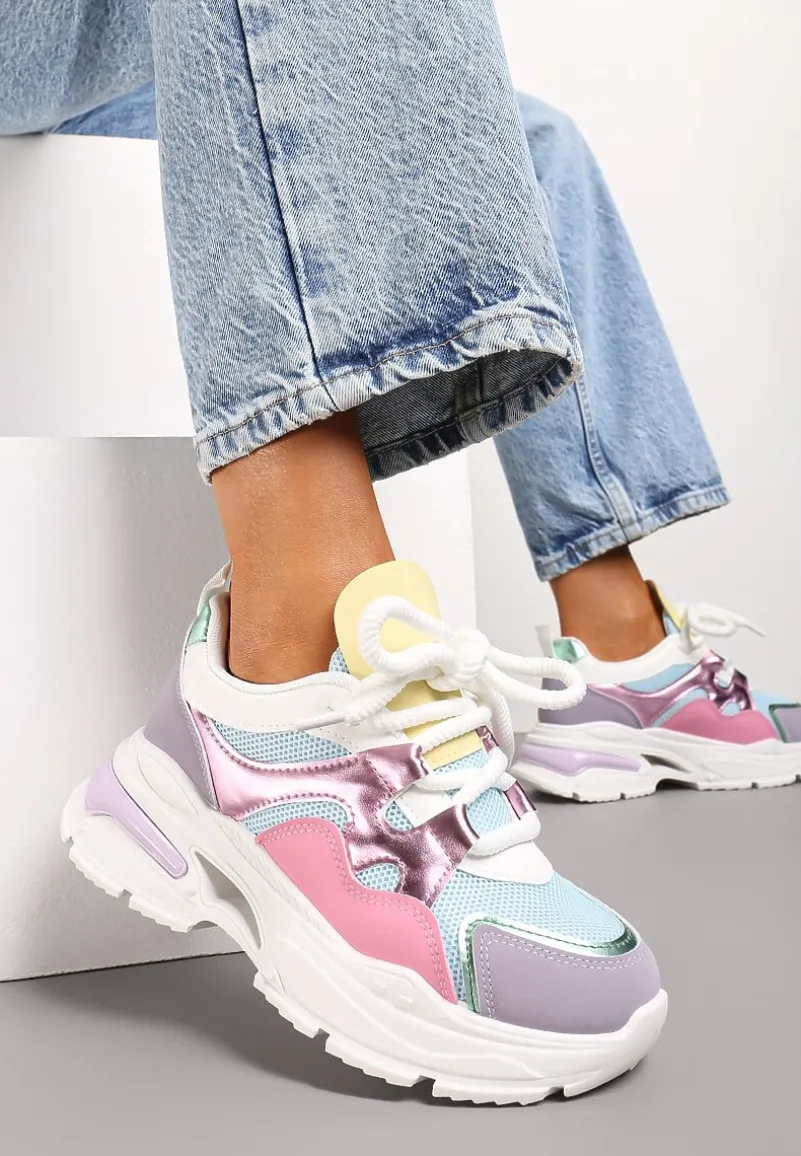 Różowo-Fioletowe Sneakersy na Platformie z Wycięciem i Grubymi Sznurówkami Bosylia