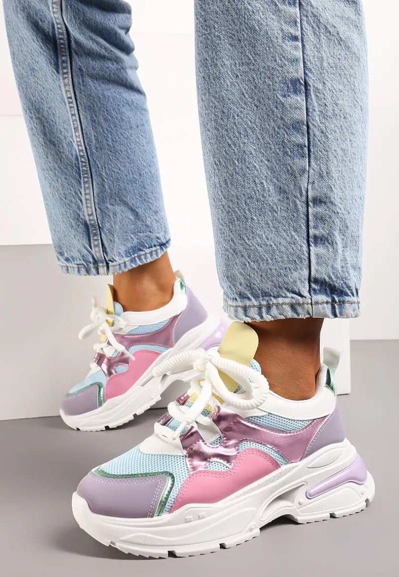 Różowo-Fioletowe Sneakersy na Platformie z Wycięciem i Grubymi Sznurówkami Bosylia