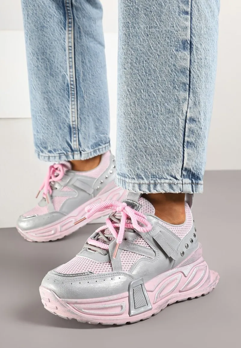 Różowo-Szare Sneakersy na Platformie z Ozdobnym Tłoczeniem Lurine