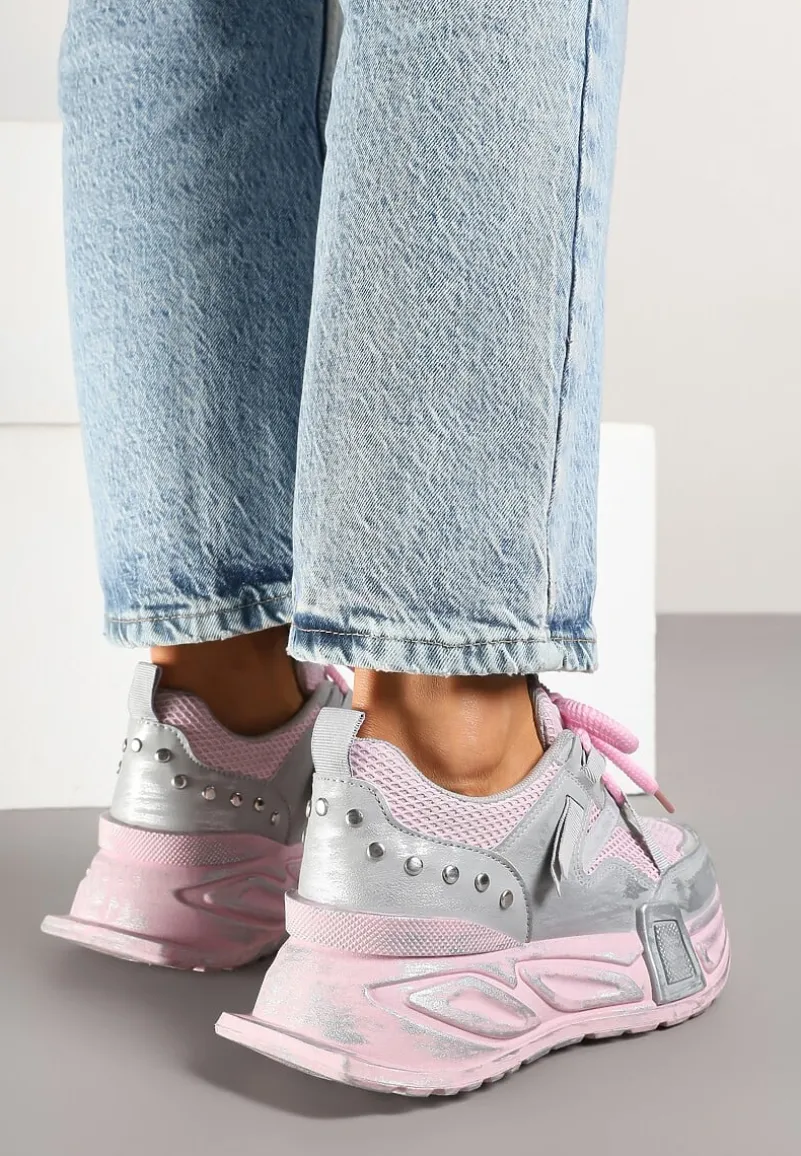 Różowo-Szare Sneakersy na Platformie z Ozdobnym Tłoczeniem Lurine