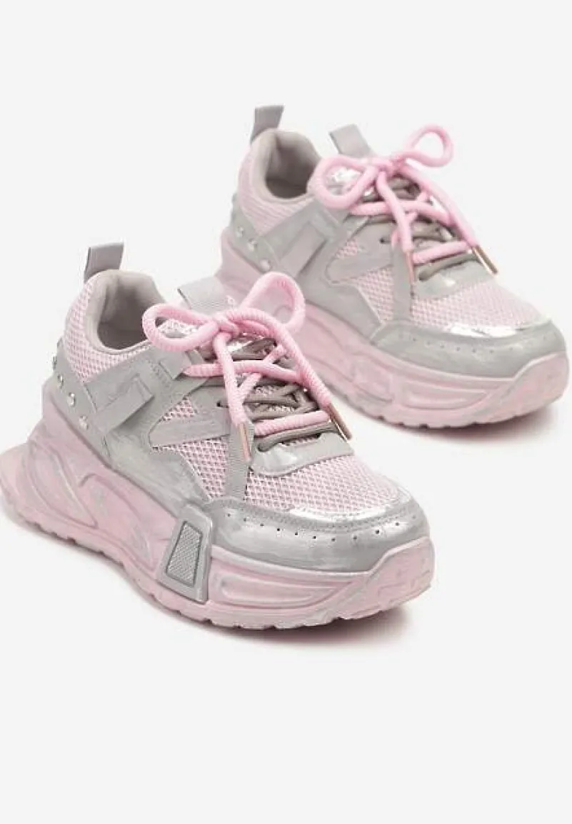 Różowo-Szare Sneakersy na Platformie z Ozdobnym Tłoczeniem Lurine