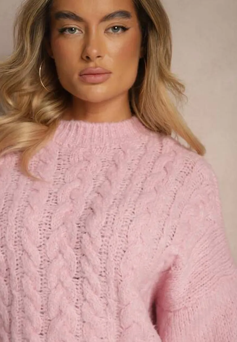 Różowy Sweter z Wełną o Eleganckim Warkoczowym Splotem Makkaria