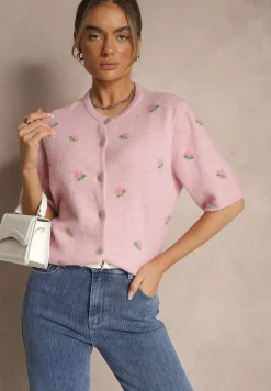 Różowy Wzorzysty Sweter Kardigan z Krótkim Rękawem z Dodatkiem Wełny Korivelle