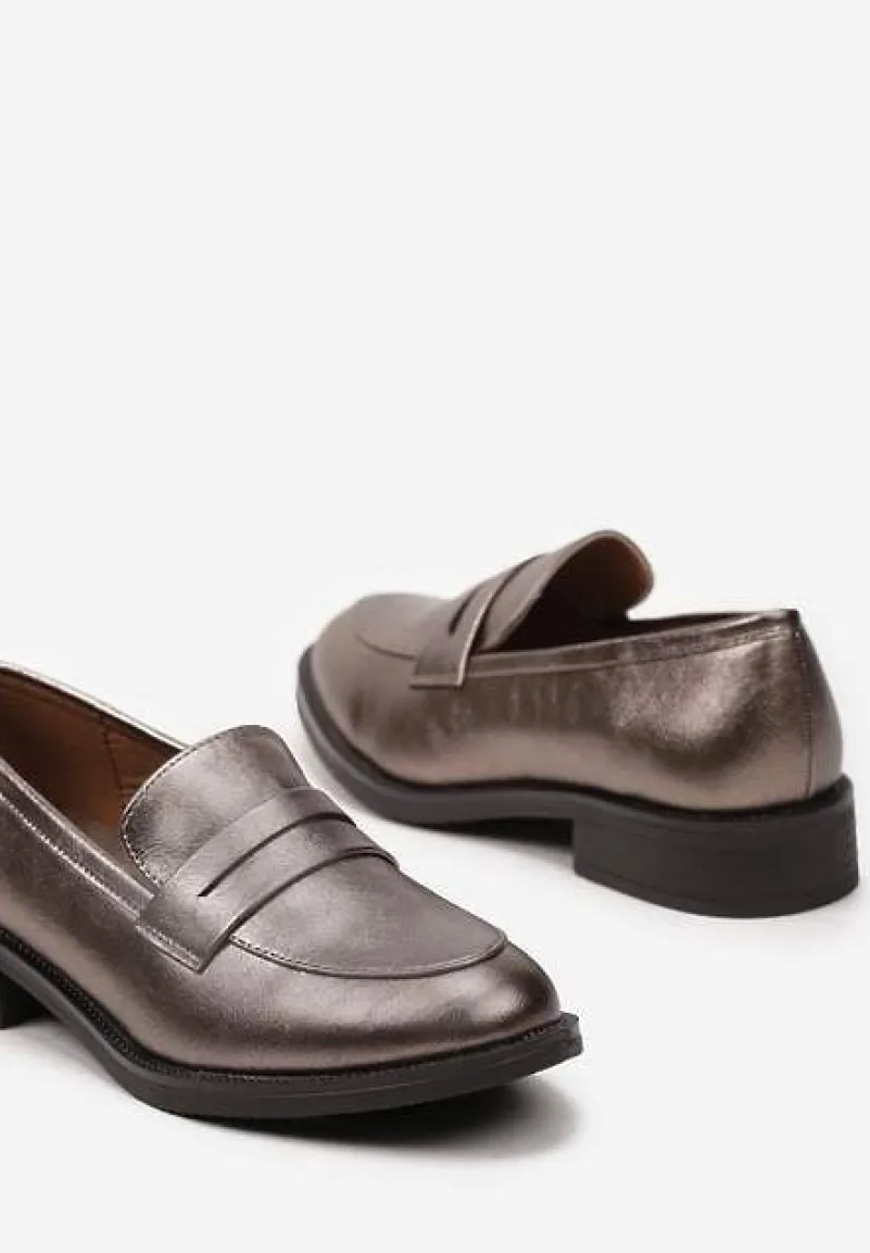 Srebrne Mokasyny w Stylu Loafersów z Wkładką ze Skóry Naturalnej Tykolina