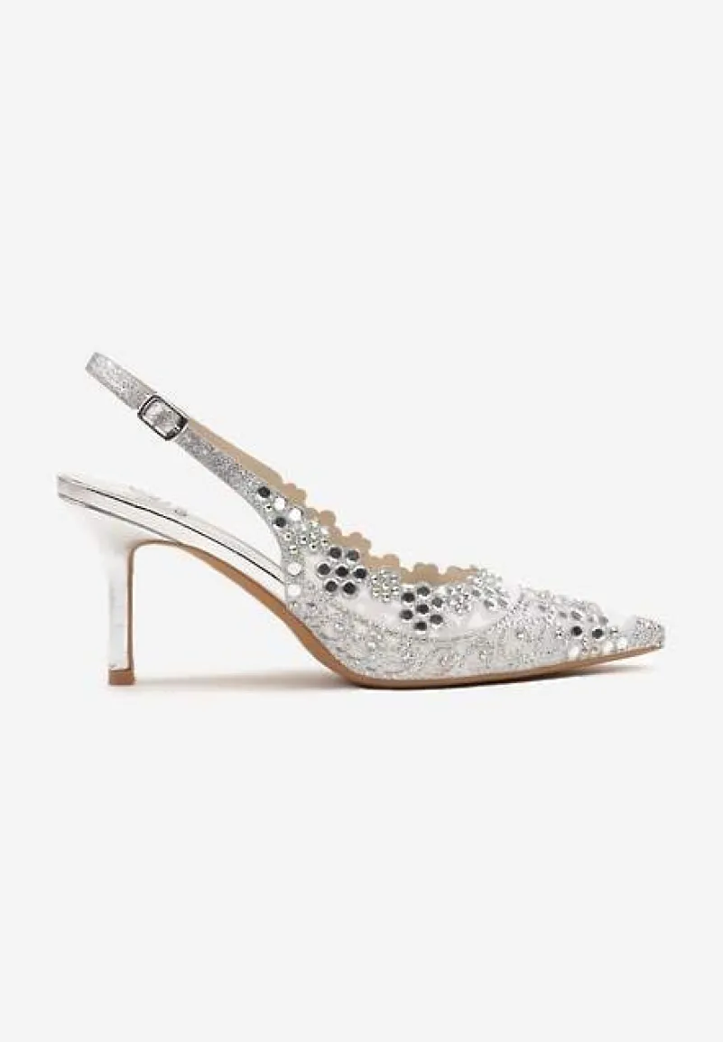 Srebrne Sandały Slingback na Szpilce Zdobione Cyrkoniami Korioliana