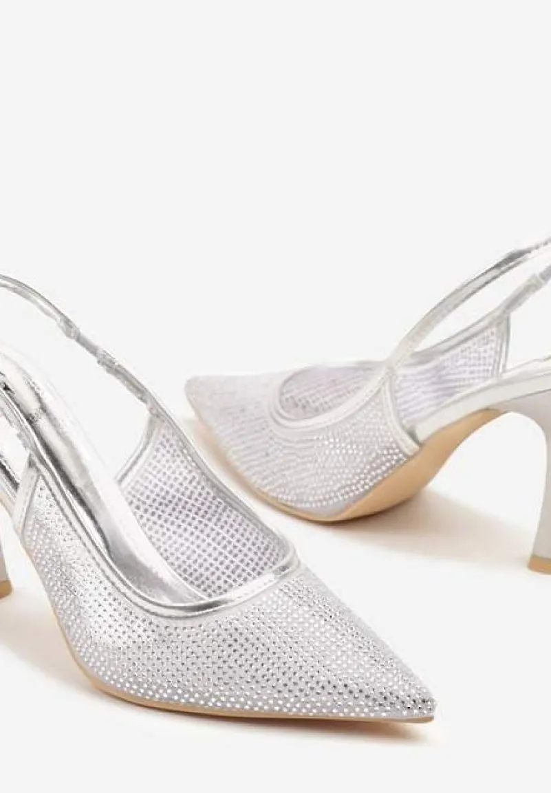 Srebrne Sandały Szpilki Slingback z Noskiem w Szpic Zdobione Cyrkoniami Zenvia