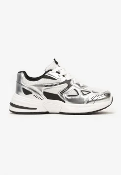 Srebrne Sneakersy ze Wstawkami z Ekoskóry na Grubej Podeszwie Elperna