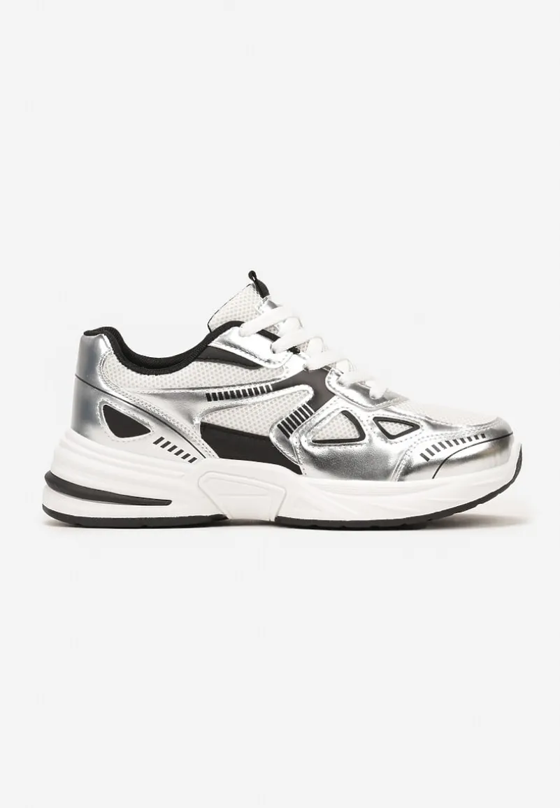 Srebrne Sneakersy ze Wstawkami z Ekoskóry na Grubej Podeszwie Elperna