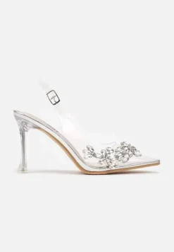 Srebrne Transparentne Sandały Szpilki Slingback Ozdobione Cyrkoniami Avelsemi