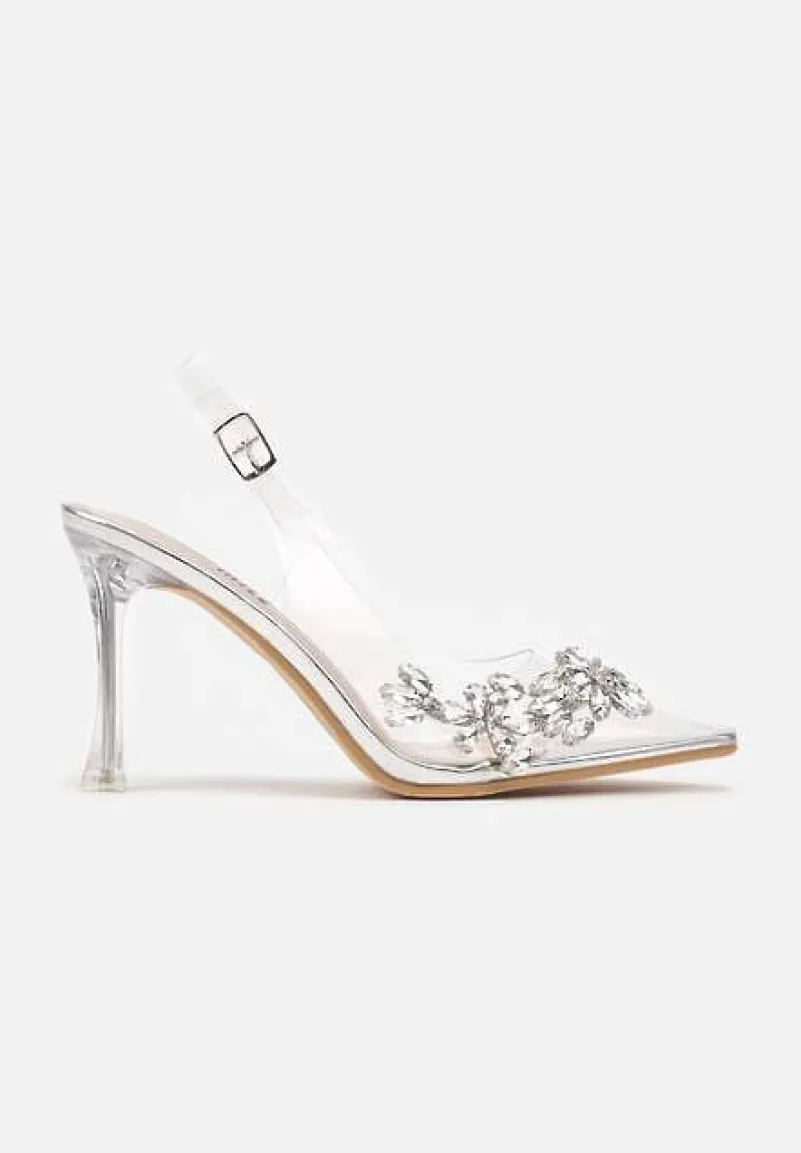 Srebrne Transparentne Sandały Szpilki Slingback Ozdobione Cyrkoniami Avelsemi