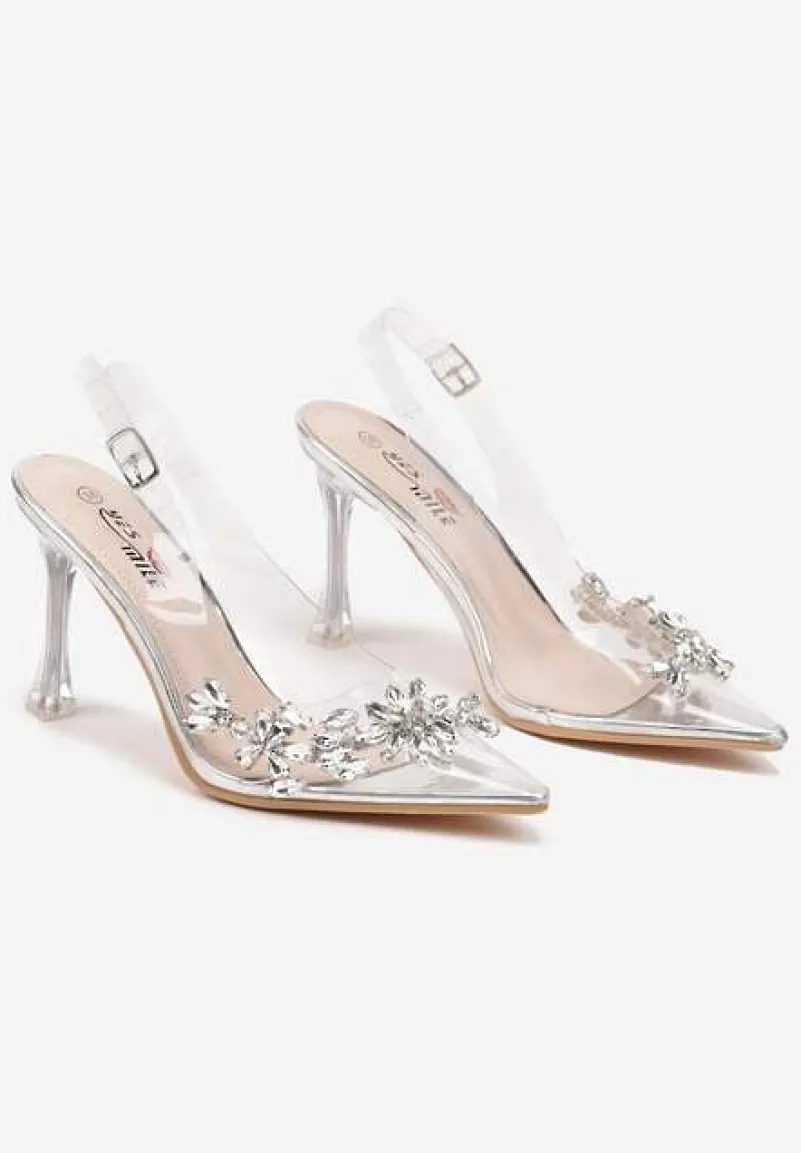 Srebrne Transparentne Sandały Szpilki Slingback Ozdobione Cyrkoniami Avelsemi