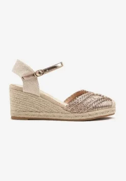 Szampańskie Sandały na Koturnie w Stylu Boho z Plecioną Cholewką Ralisses